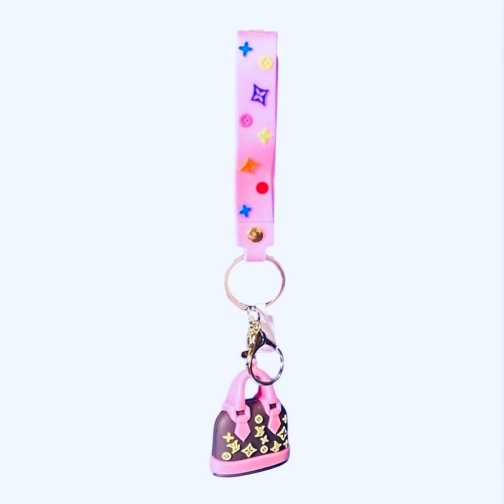 BAG CHARM/KEYCHAIN: Chocolate Brown and Pink Purse w/Wristlet, Custom. EUC - Picture 4 of 9